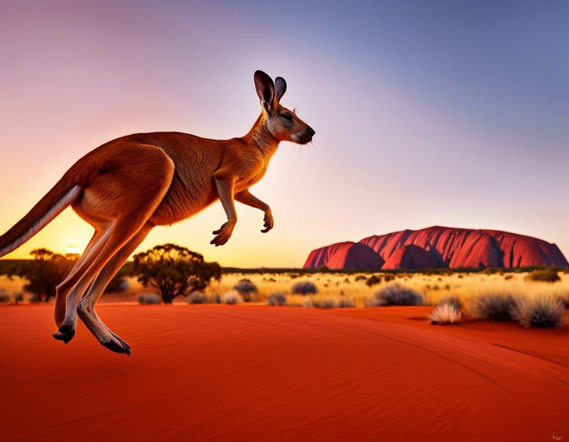 Kangaroo Jumping In Front Of Ayers Rock Uluru Australia Ai