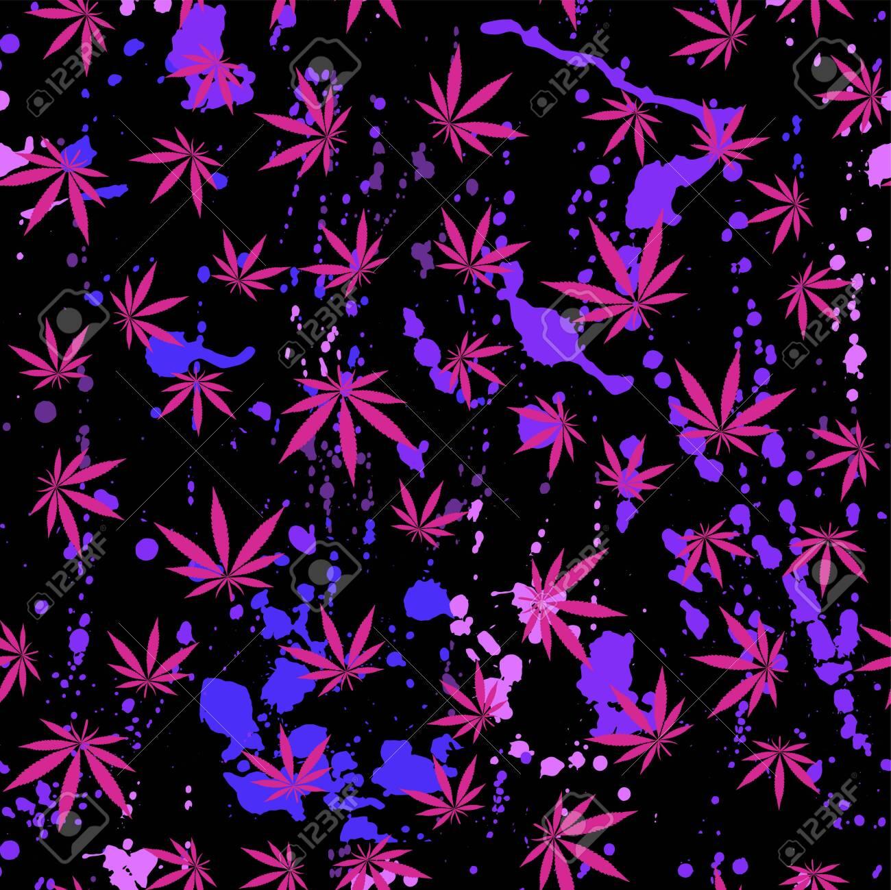 Bright Pink Neon Cannabis Leaves On A Black Abstract Background