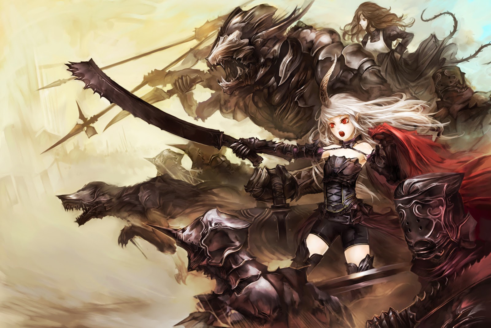 Female Girl Warrior Black Armor Sword Beast Red Eye Anime HD Wallpaper
