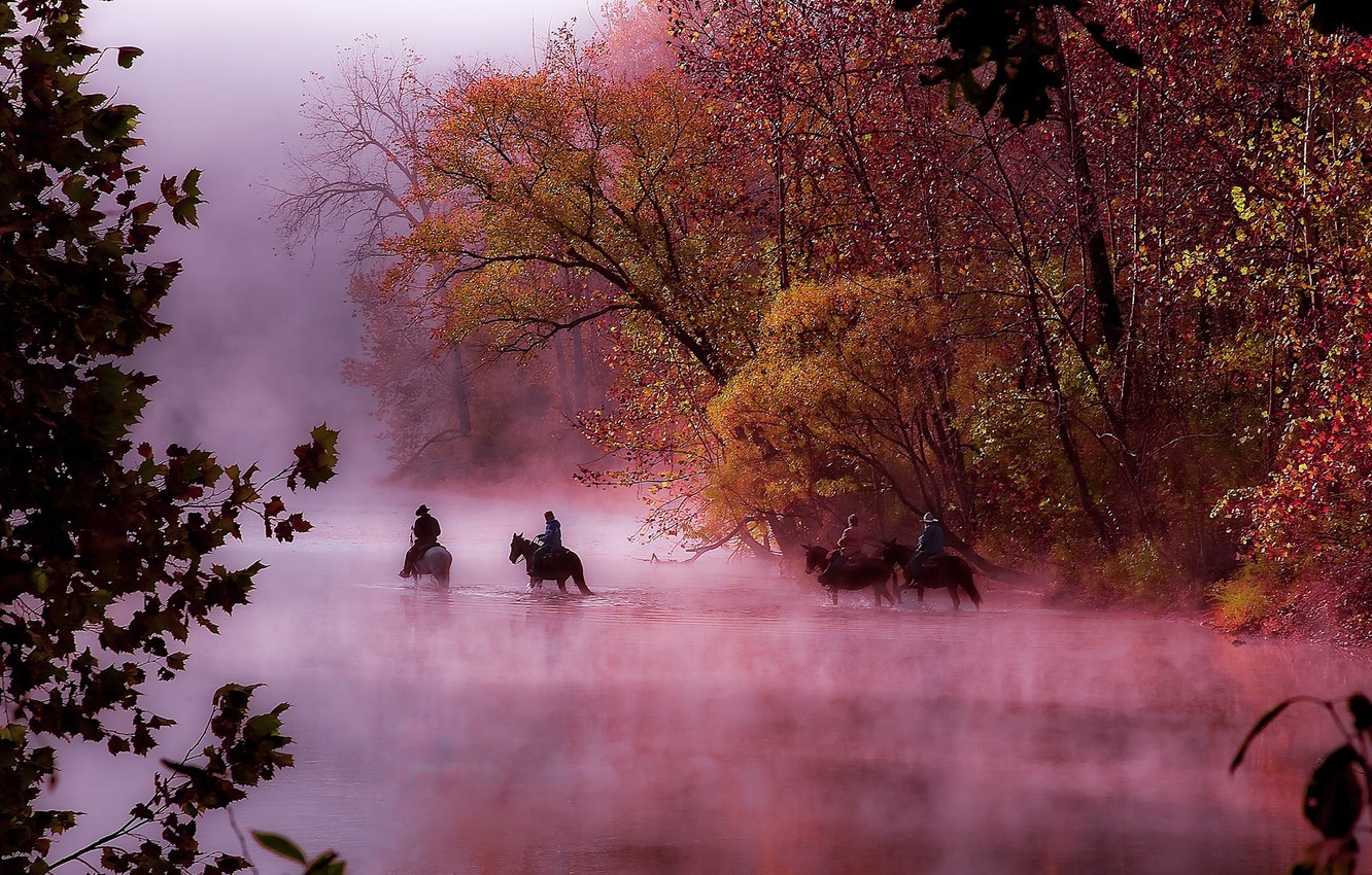 Wallpaper autumn fog river morning riders Missouri National 1332x850