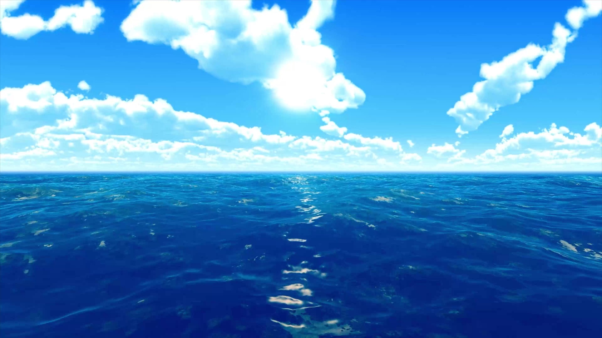 A serene live wallpaper featuring a vast blue ocean with gentle waves under a bright sky dotted with fluffy white clouds