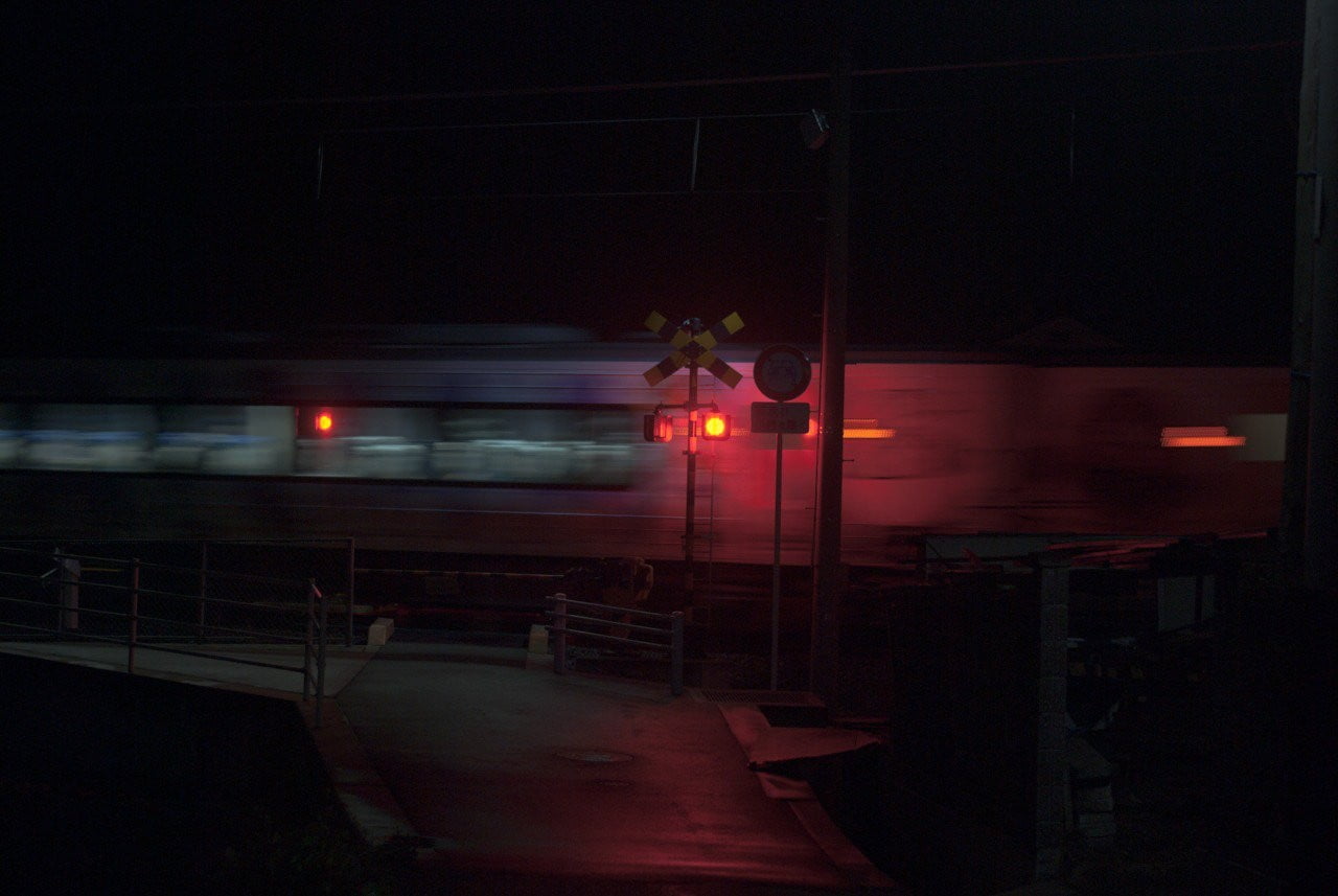 Black And Red Stop Light Train Railway Crossing Vehicle Night
