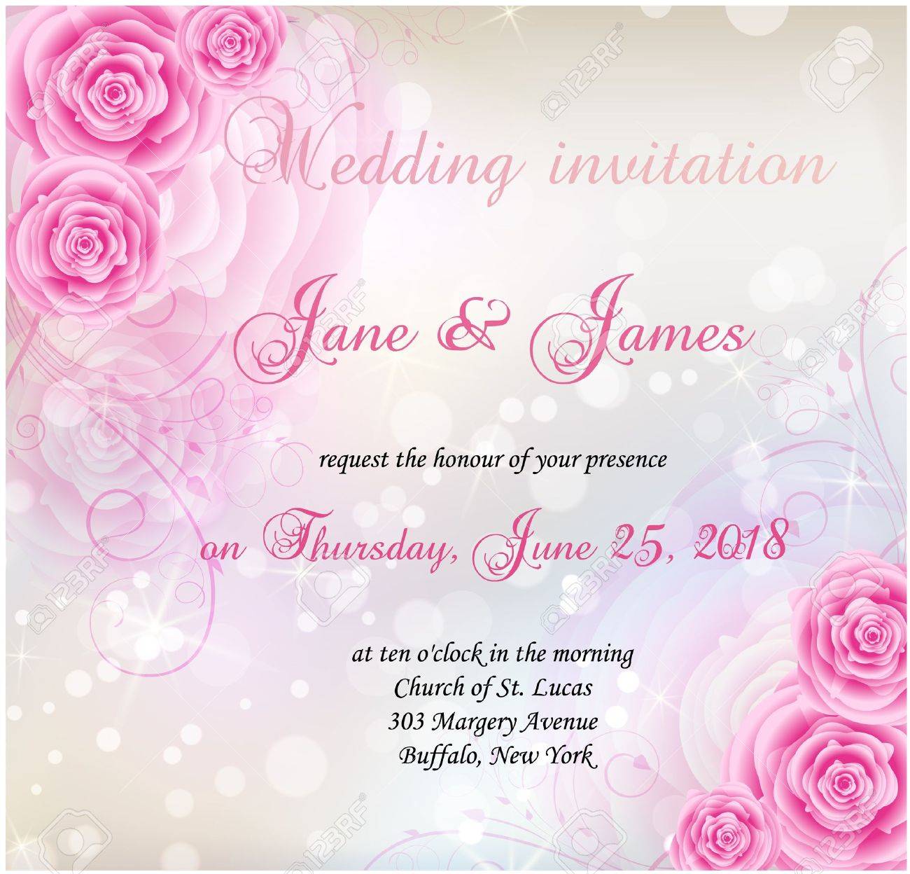 Wedding Invitation With Pink Roses Background And Floral Swirls