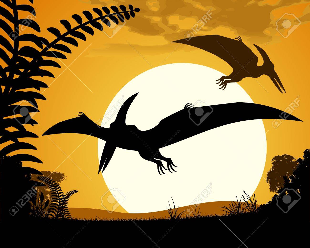 Dinosaur Pterodactyl Pterodactyls Silhouette On Sunset Background