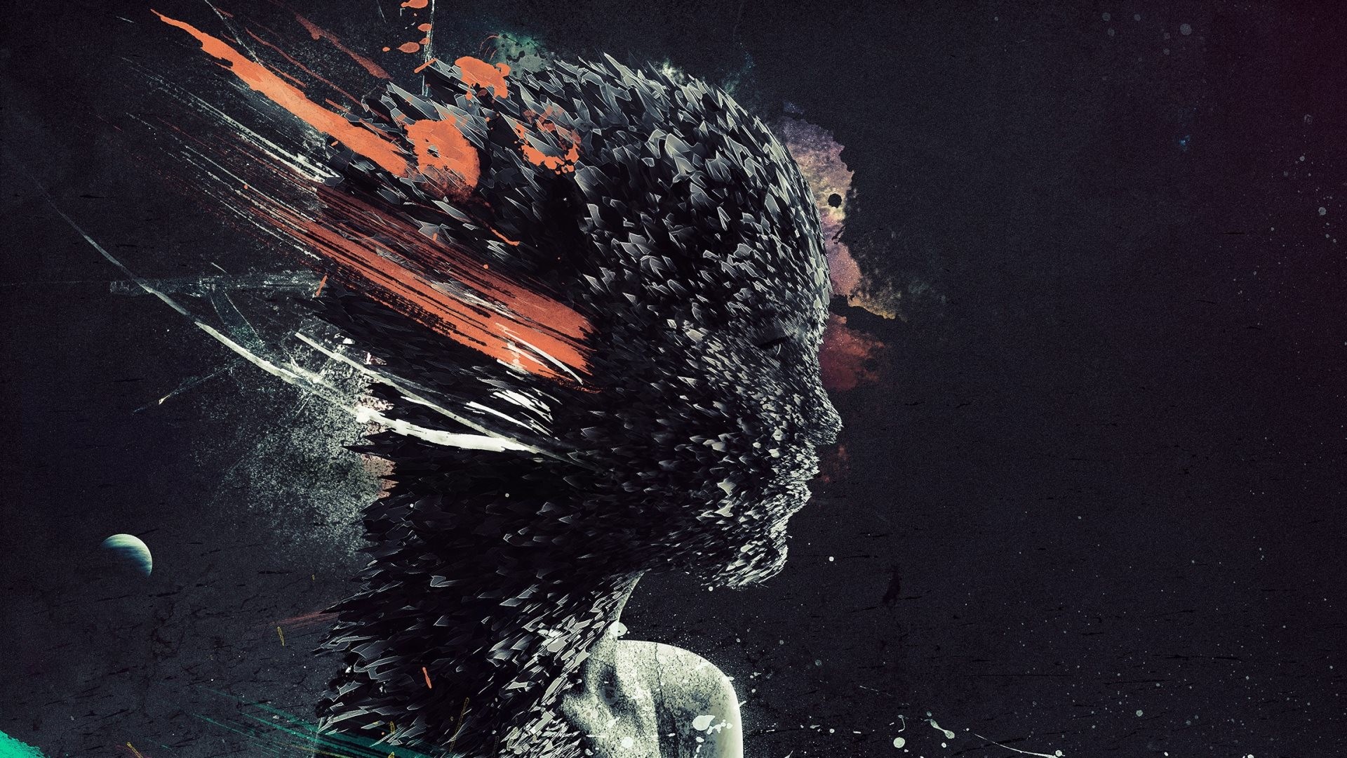 Abstract artwork depicting a human-like figure composed of fragmented particles, with dynamic strokes of color against a dark, textured background, evoking themes of disintegration, energy, and cosmic abstraction