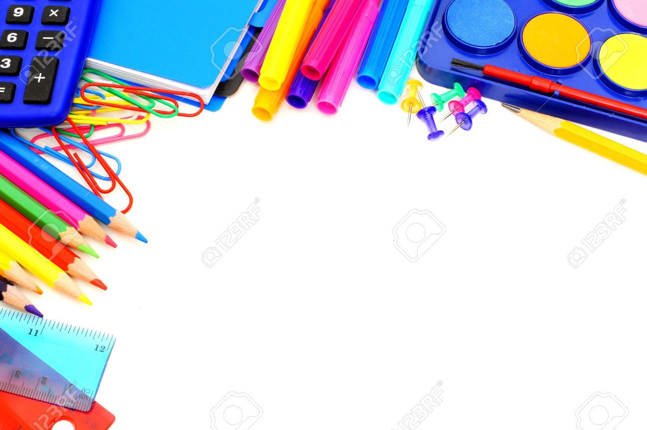 Colorful Border Of School Supplies Over A White Background Stock