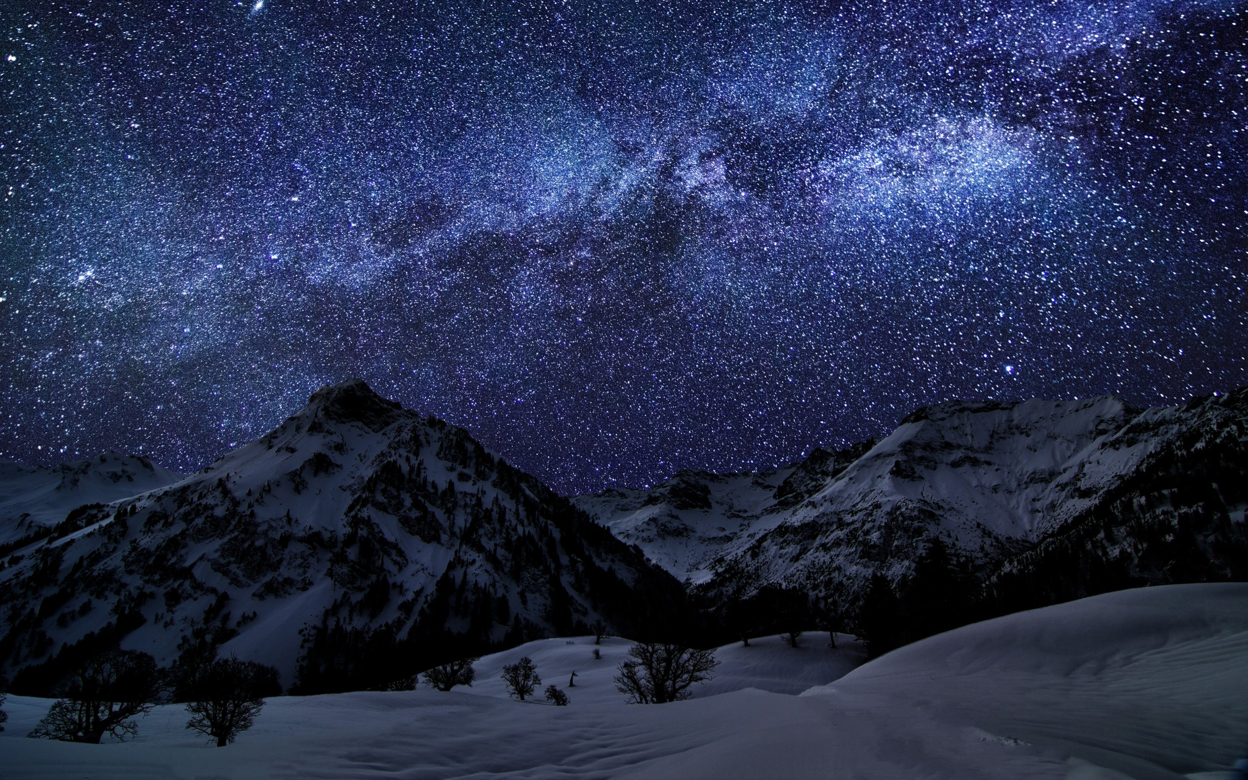 Landscape Mountain Snow Sky Stars Starry Night Nature Wallpaper HD