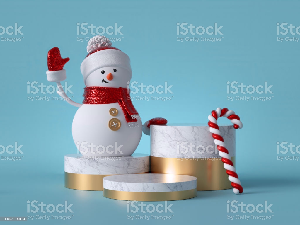 3d Christmas Background Snowman Standing On Marble Pedestal 1024x768