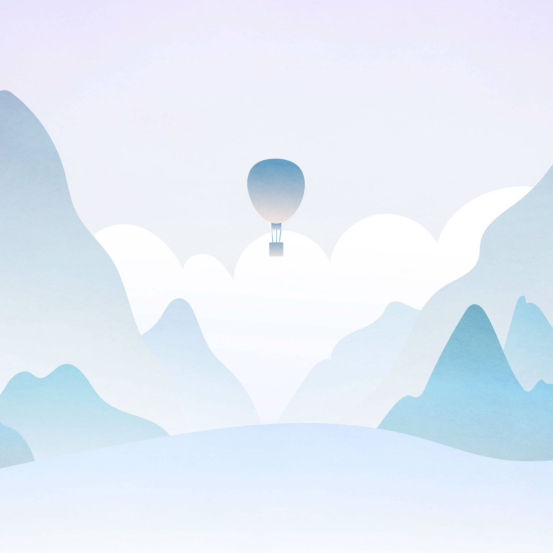 A serene 4k wallpaper for iPad featuring a hot air balloon floating amidst a pastel landscape of rolling hills and soft clouds