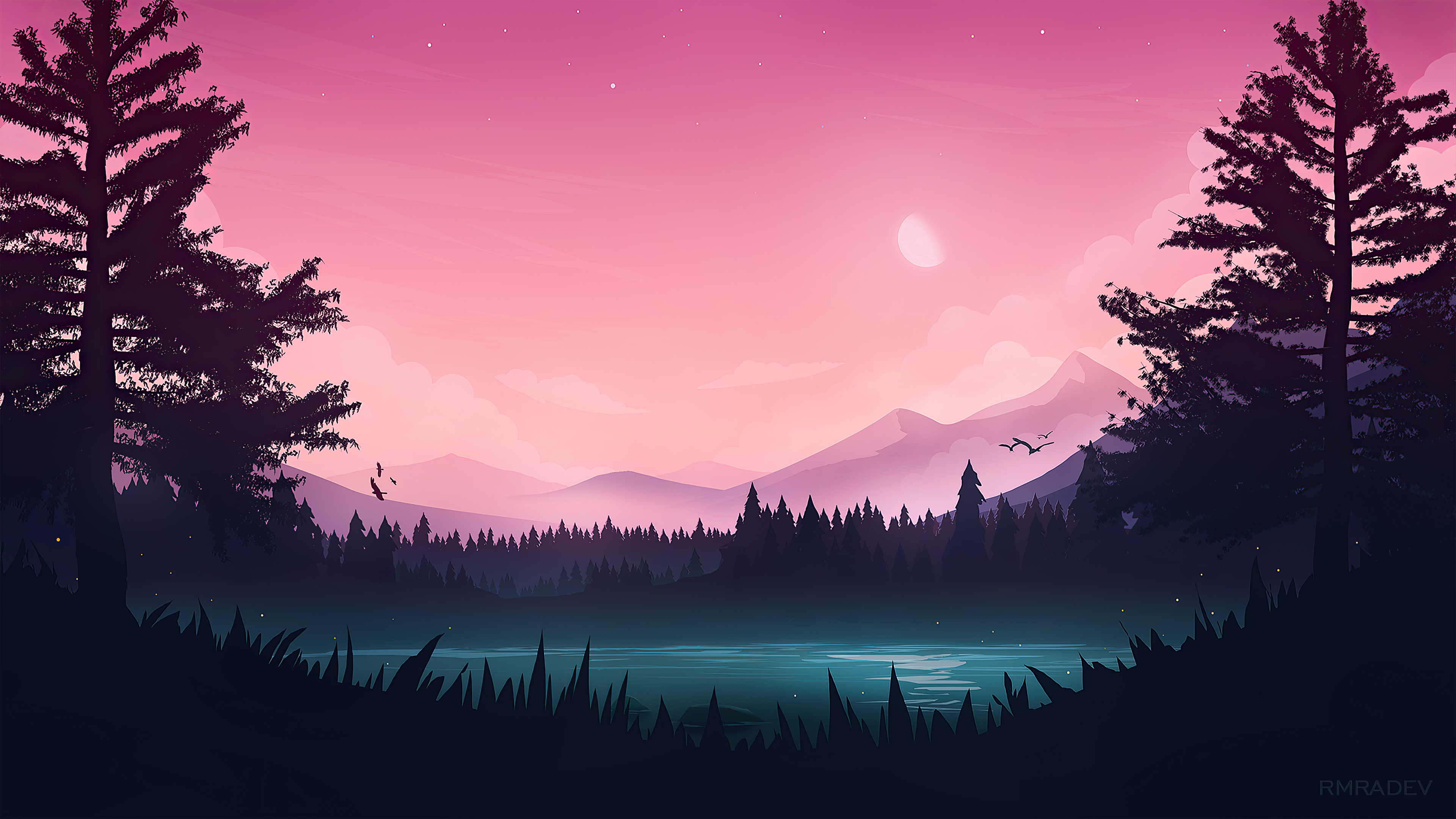 Minimalist 4k wallpaper of a serene lake at sunset, with silhouetted trees, mountains, and a crescent moon in a pink and purple sky