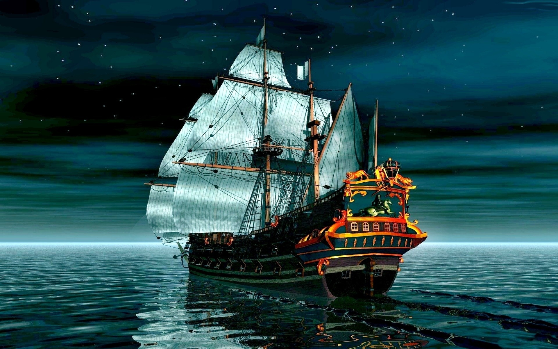 Boat Night 3d Ship Ocean Wallpaper
