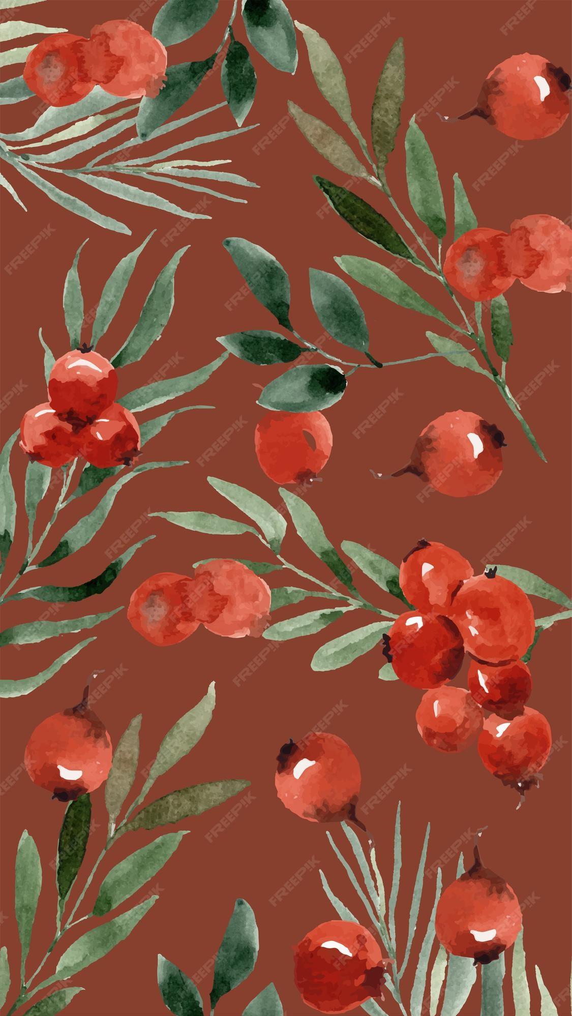 Premium Vector Red cherry and winter leaf aesthetic phone