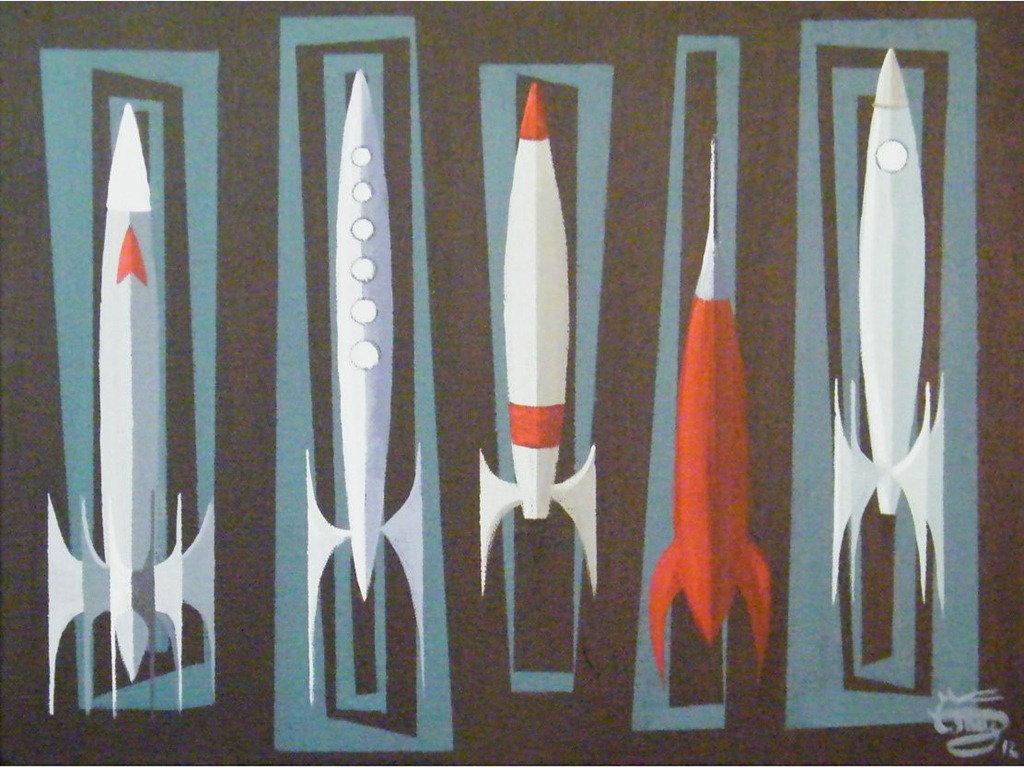 El Gato Gomez Painting Mid Century Modern Space Rockets