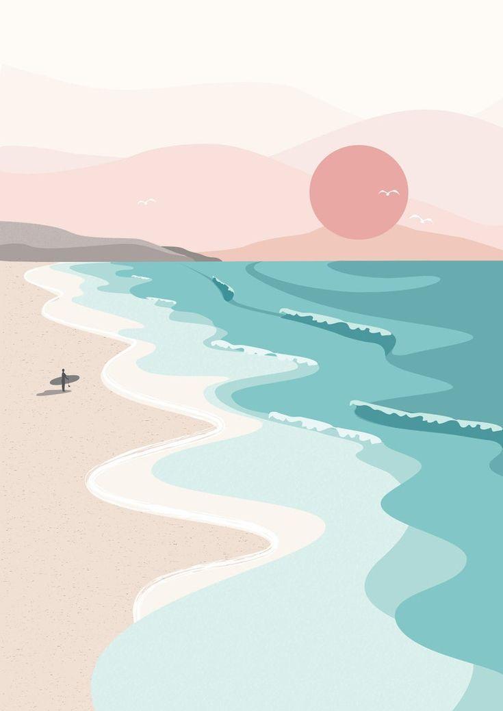 Sunset Surf Print Sea Surfer Surfboard Girl Beach