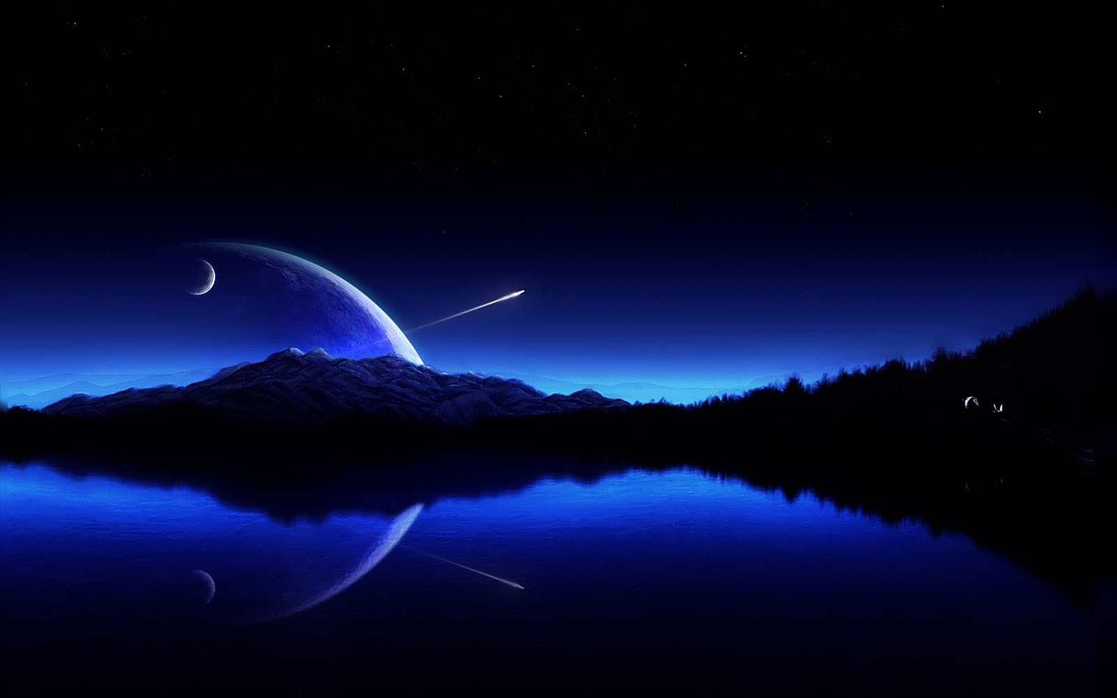 A breathtaking laptop wallpaper featuring a tranquil lake reflecting a large, vibrant blue planet and its crescent moon. A shooting star streaks across the night sky, adding a touch of magic to the scene
