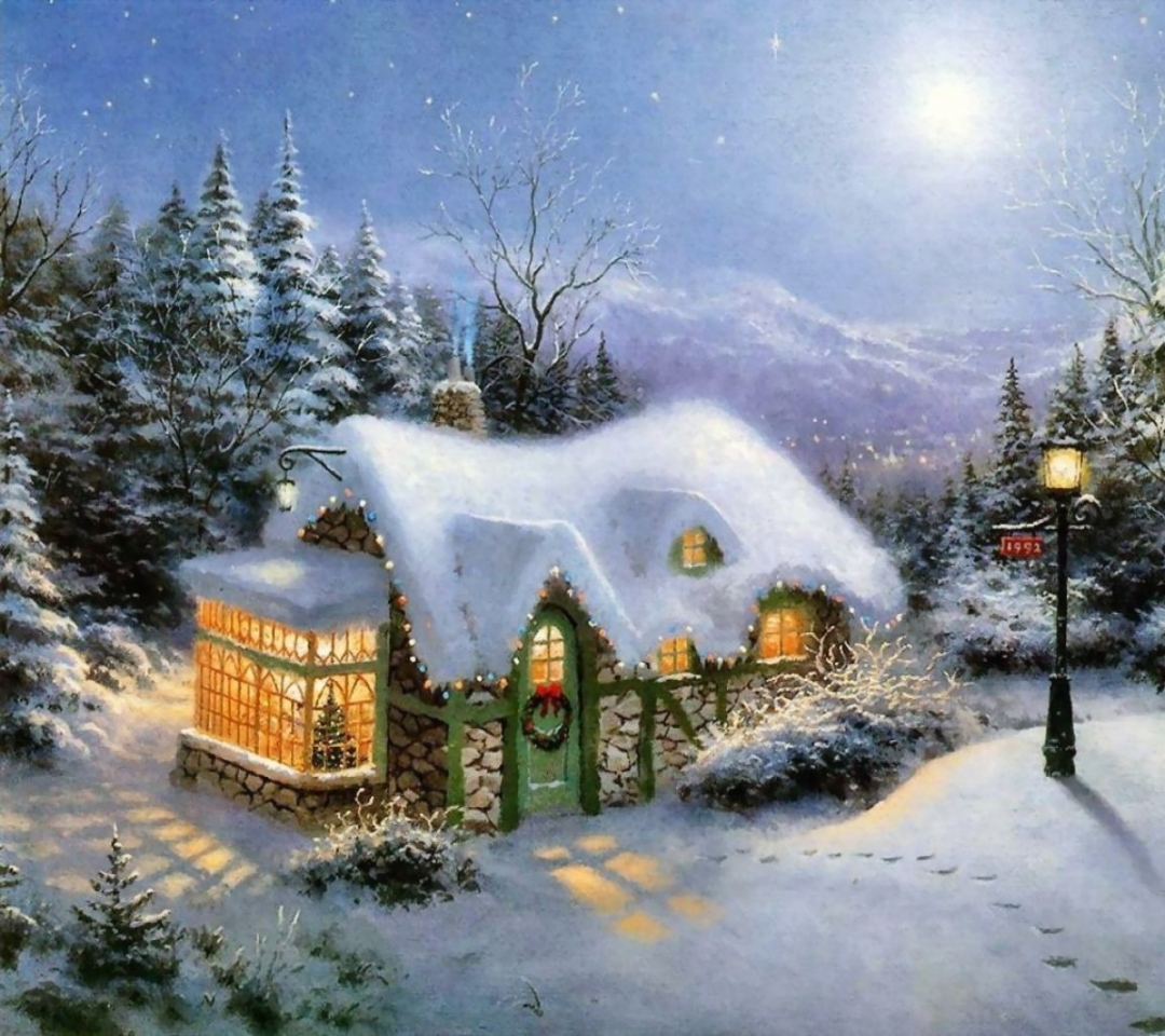Christmas Thomas Kinkade Cottage Wallpaper