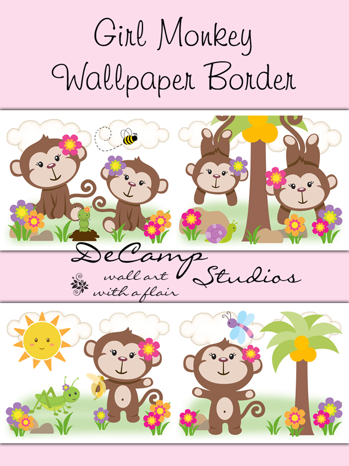 Girl Monkey Wallpaper Border Wall Art Decals Baby Nursery Decor