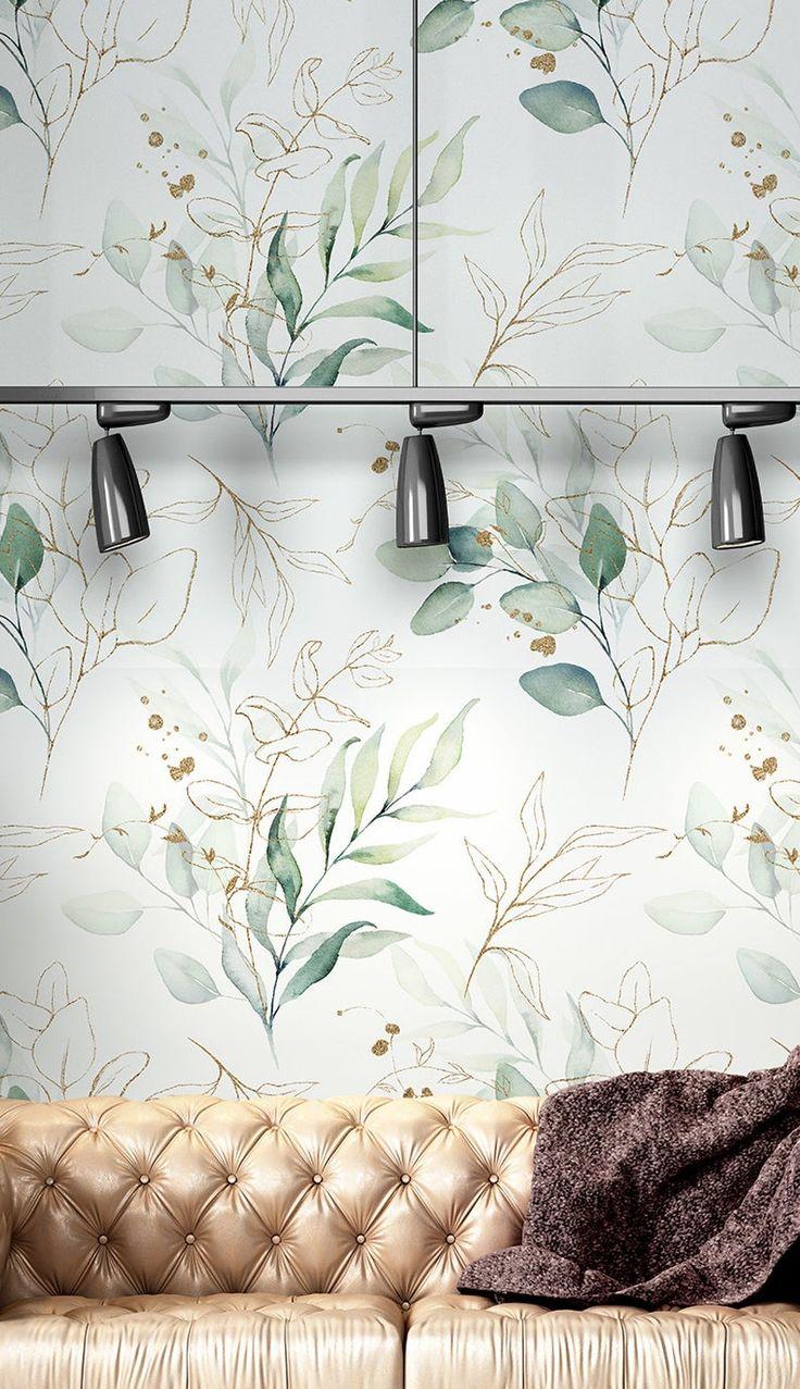 Beautiful Matte Light Green Wallpaper With Watercolor Leaves