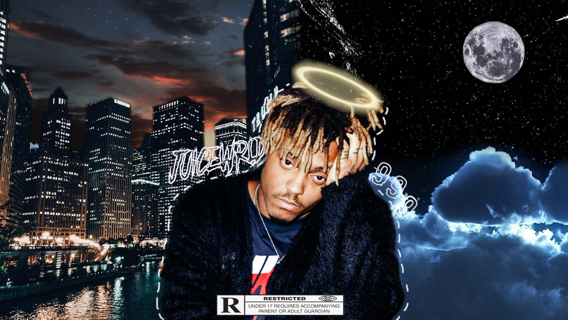 Juice WRLD 4k Wallpaper: A vibrant tribute featuring the late rapper against a backdrop of a Chicago cityscape at night and a starry sky
