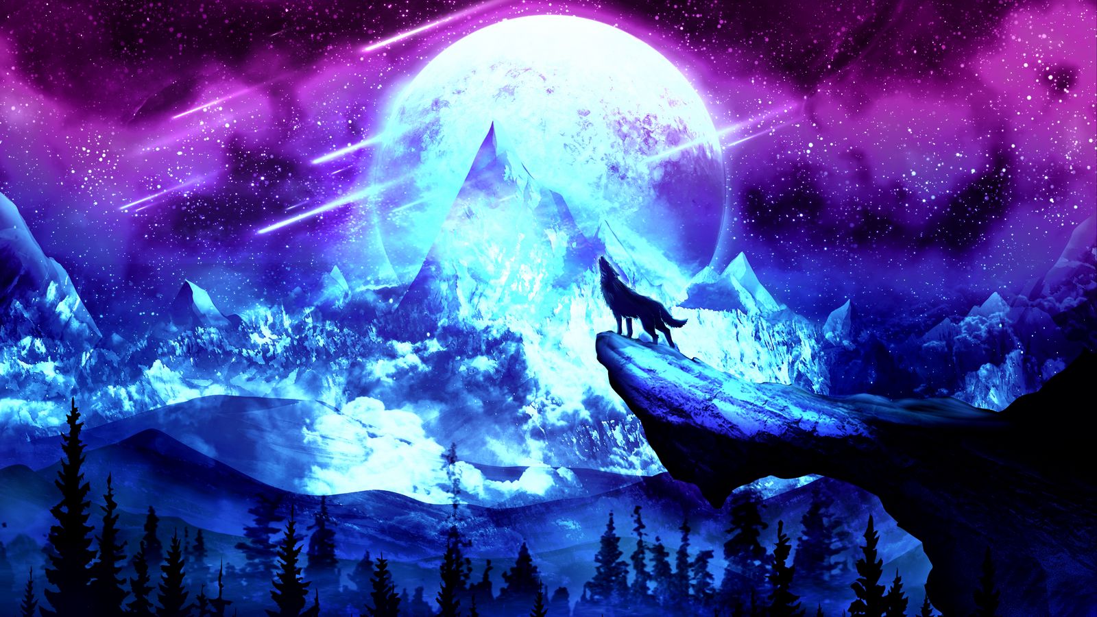 Download wallpaper 1600x900 wolf moon night mountains art