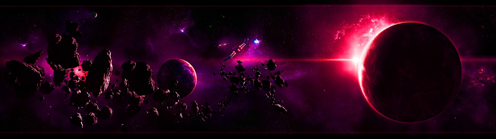 Day Dual Screen Monitor Purple Pla With Asteroids Space Wallpaper