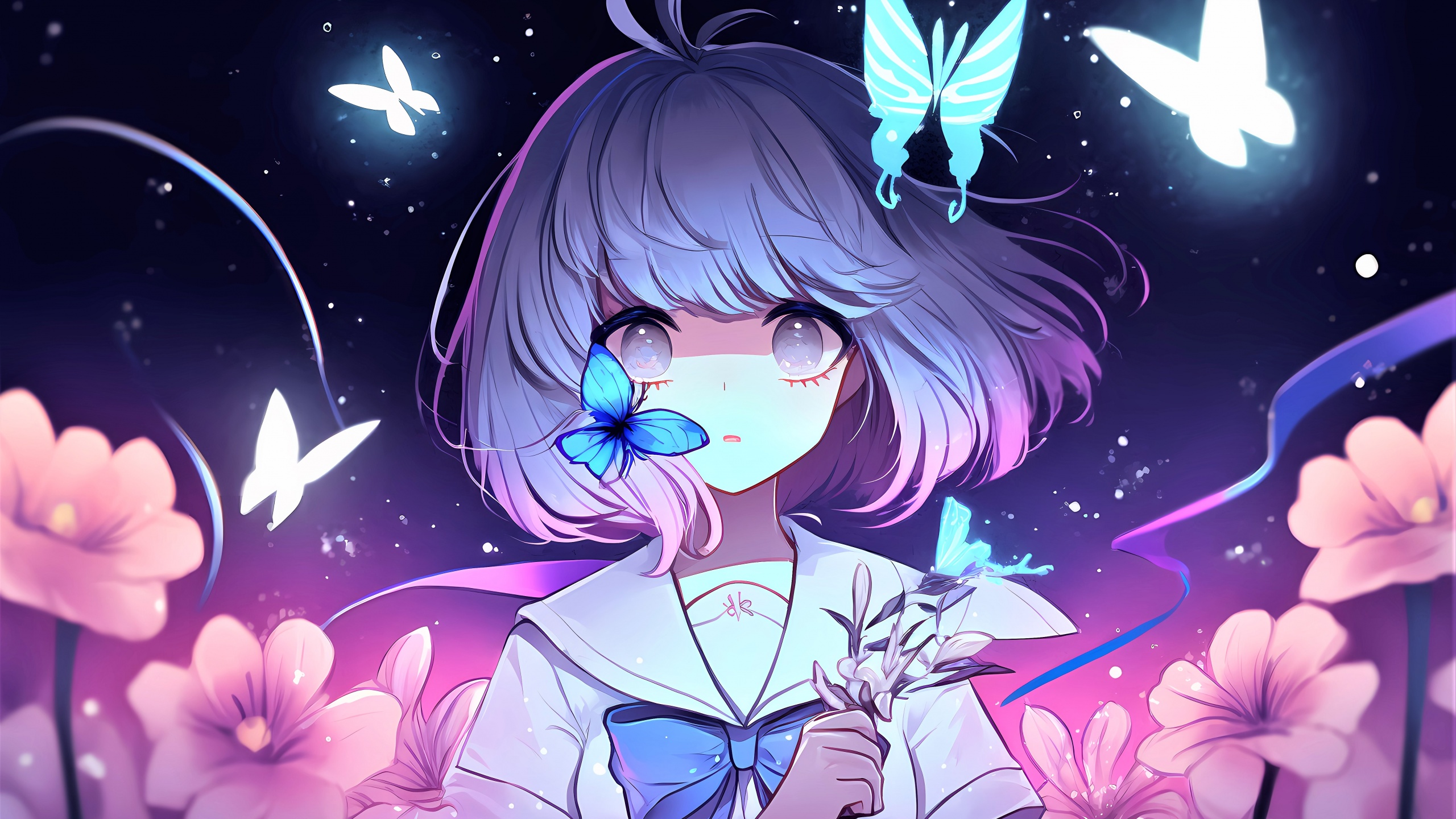 An anime girl with blue and purple hair stands in a field of pink flowers, surrounded by glowing butterflies, against a dark, starry night sky. She wears a white sailor-style school uniform with a blue bow and holds a small bouquet of white flowers. A colorful ribbon floats behind her