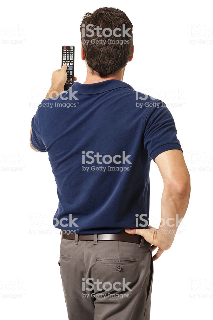 Causal Man With Tv Remote Control Isolated On White Background