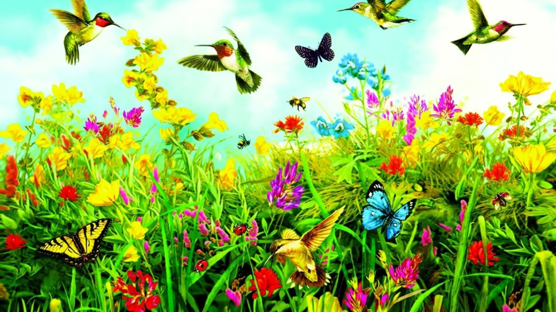 Birds Butterflies And Flowers Spring Nature Art Wallpaper