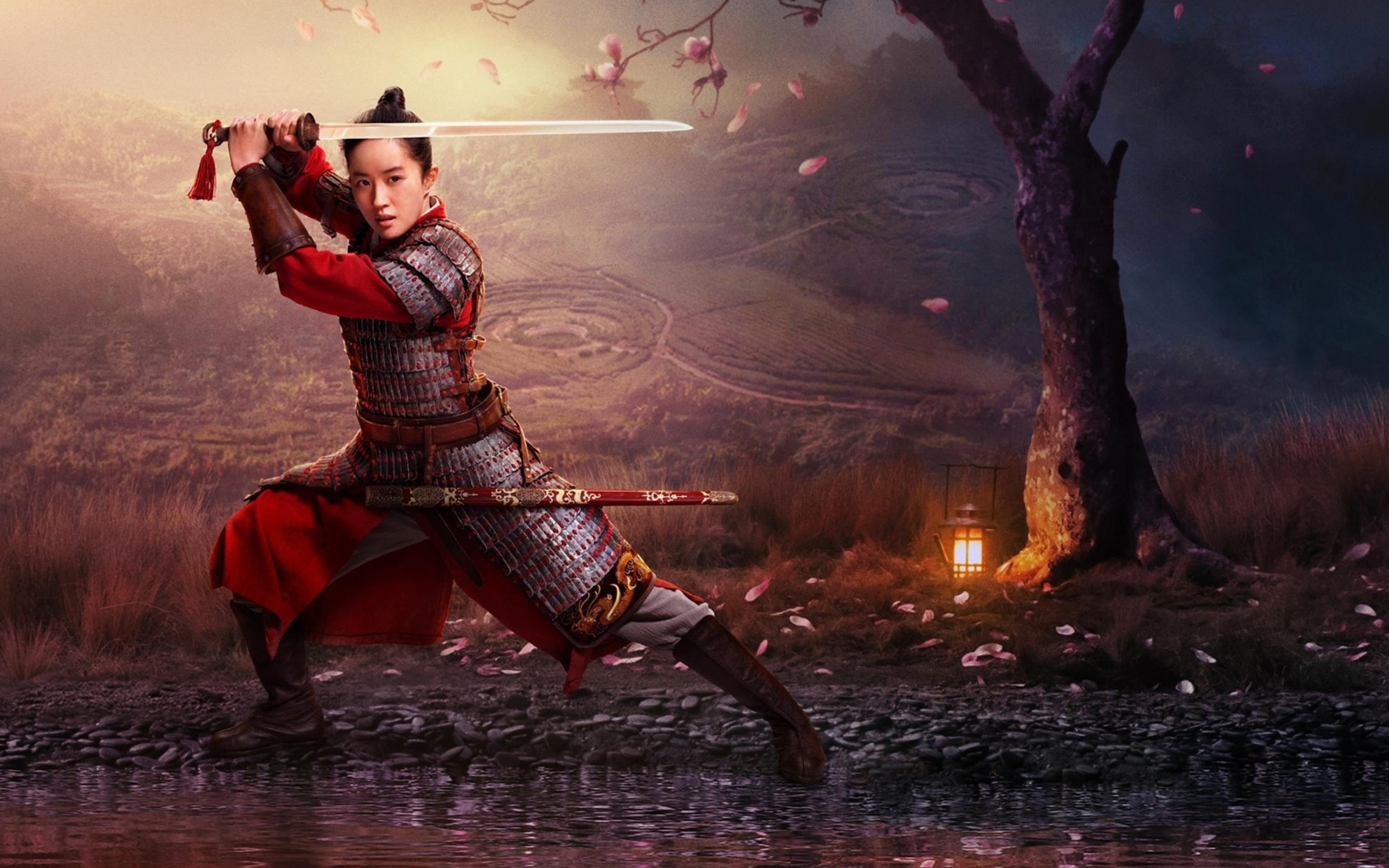 Mulan in armor, wielding a sword, in a serene landscape with a lantern and falling blossoms