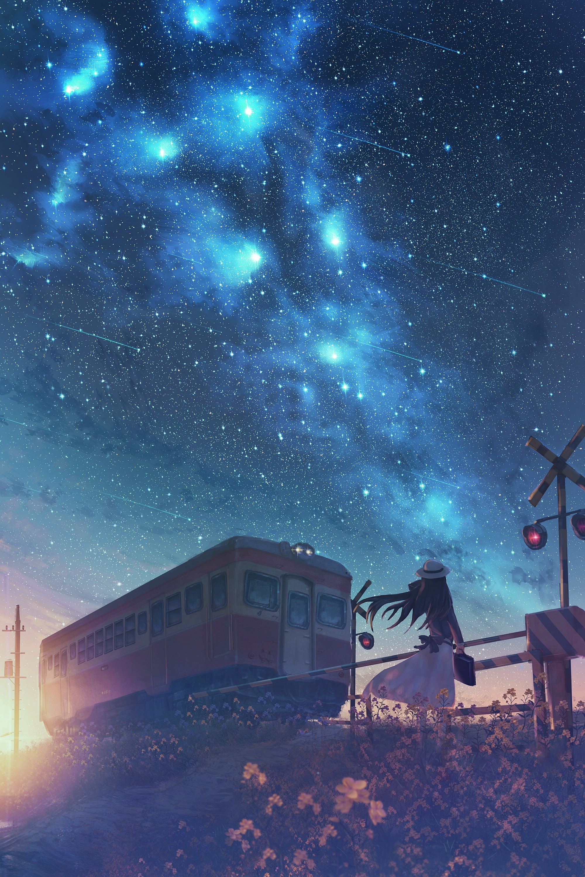 Wallpaper Railroad Car Night Anime Starry Sky Girl