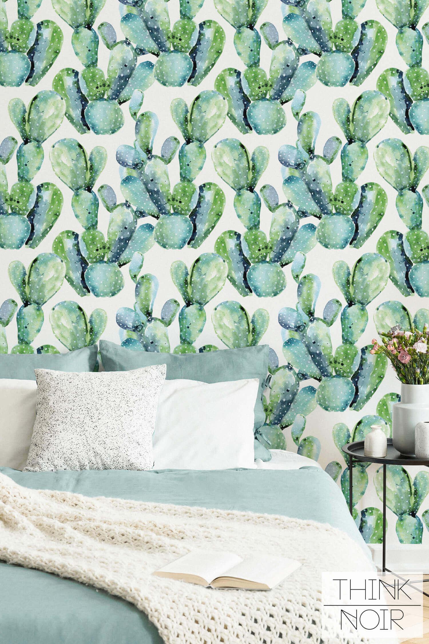 Boho Watercolor Cactus Wallpaper For Walls Thinknoirwallpaper