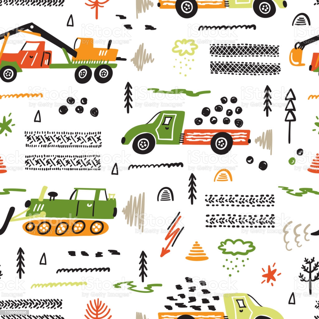Toy Cars Vector Seamless Pattern With Doodle Heavy Construction