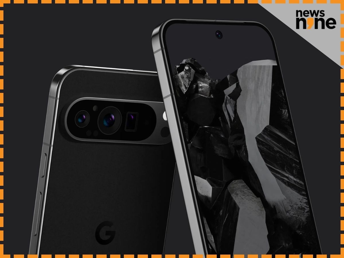 A sleek, black Google Pixel 9 smartphone showcasing its dual rear cameras and a dynamic lock screen wallpaper featuring an abstract, dark, and textured design