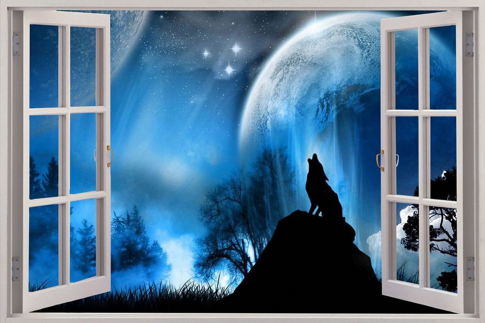 Huge 3D Window Lone Wolf at night View Wall Stickers Mural Art Decal 1000x666