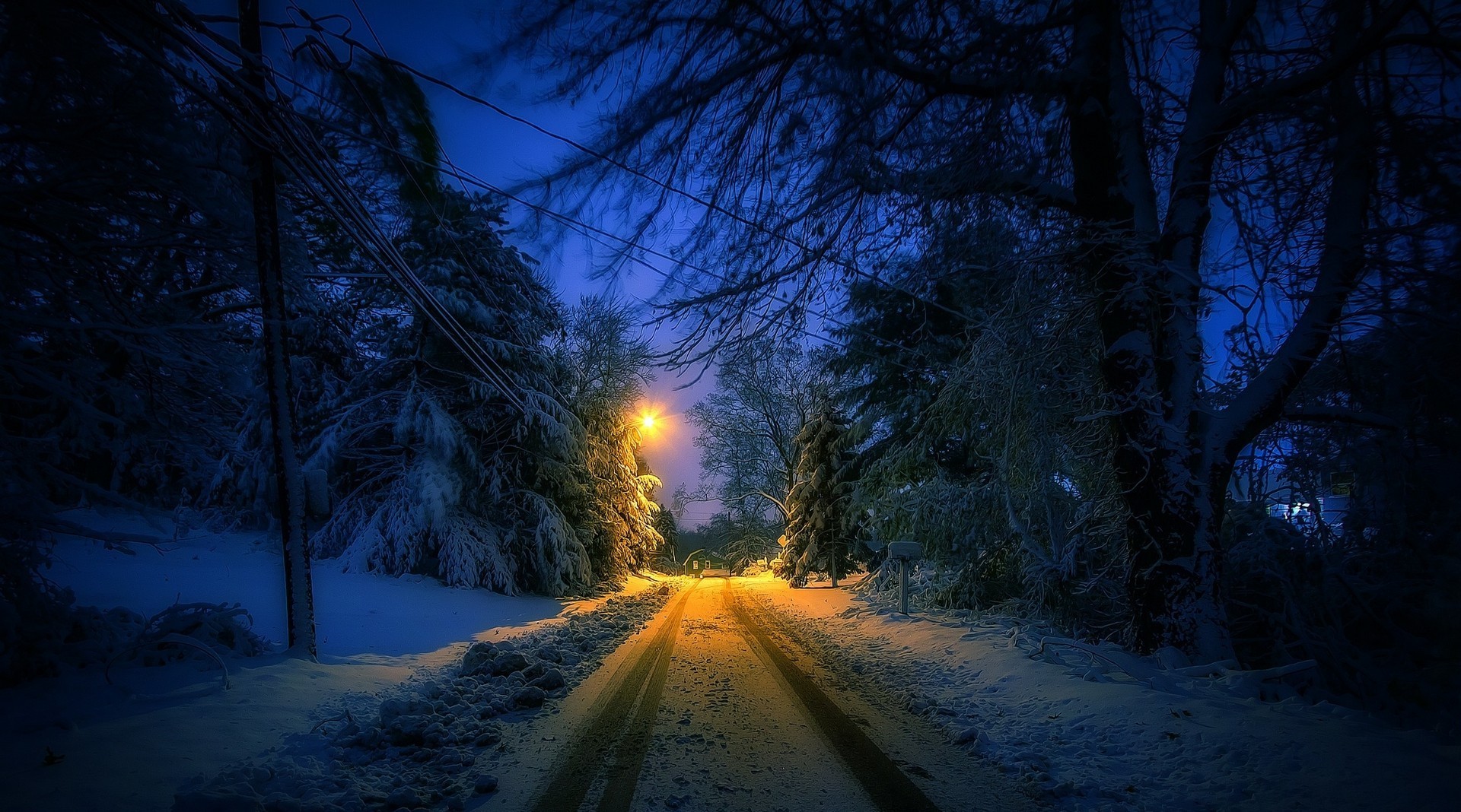 Nature Landscape Winter Street Lantern Snow Trees Tracks