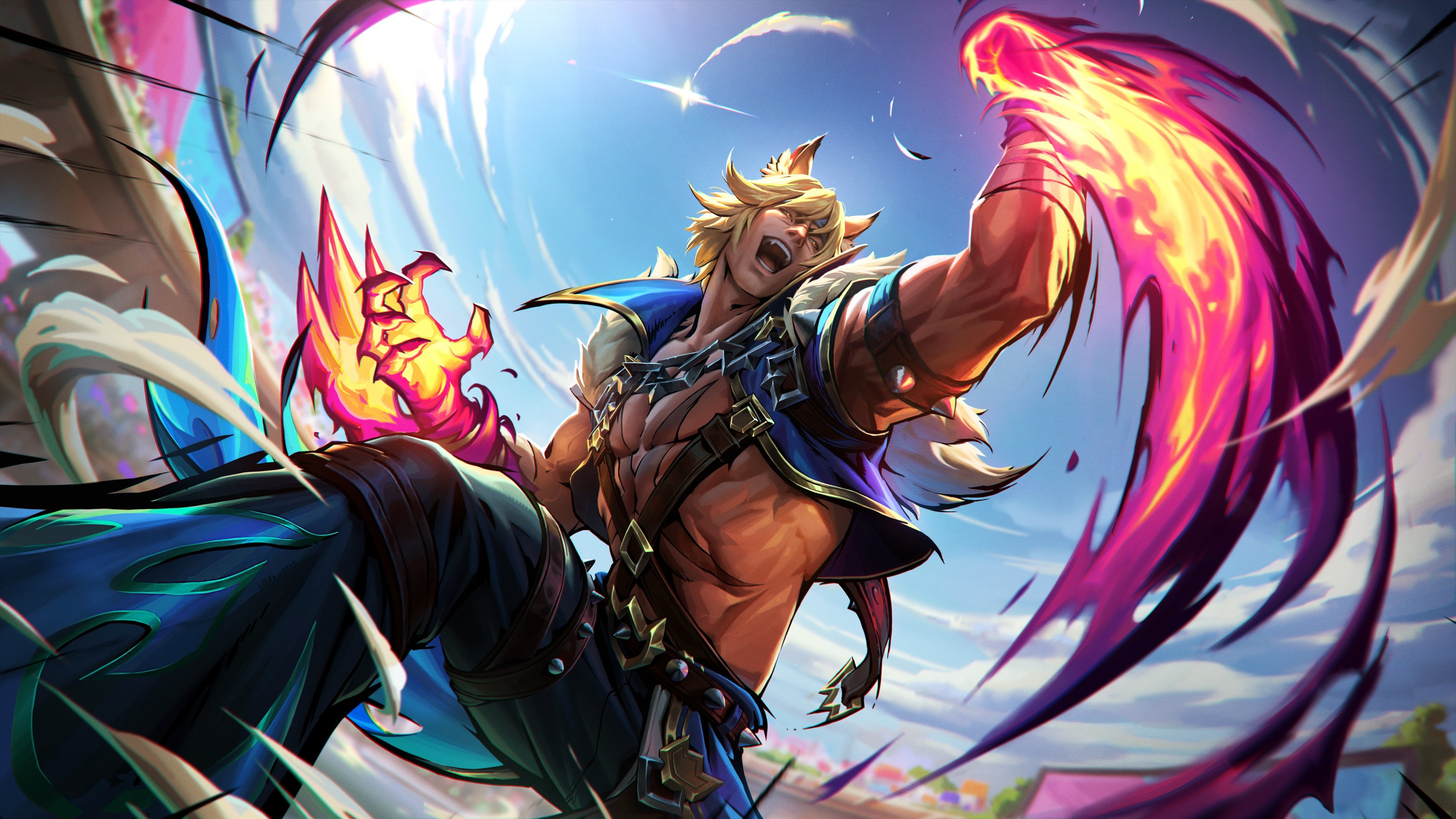 A dynamic illustration of a male character from League of Legends, possibly from the vastaya race, mid-battle. He exudes power with fiery energy emanating from his hands, set against a vibrant and swirling backdrop