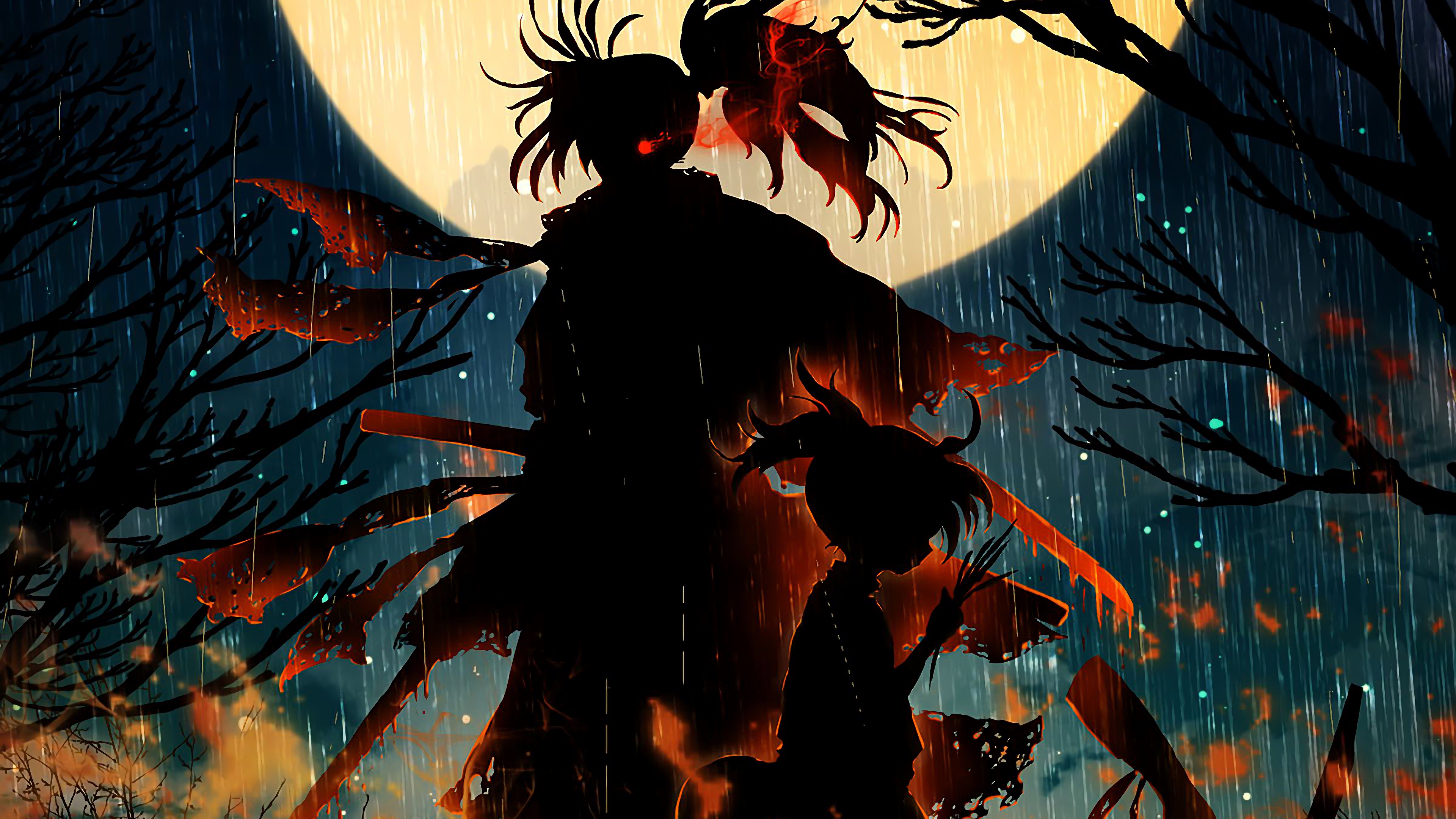 Silhouetted anime figures against a dramatic backdrop of a full moon, rain, and bare trees, in 4k resolution