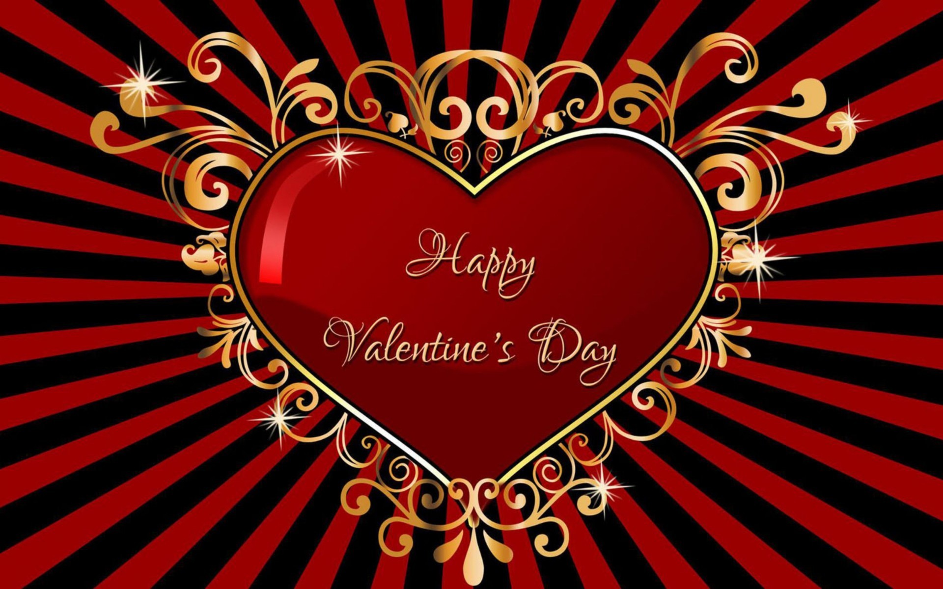 A vibrant Valentine's Day image with a red heart at the center, adorned with gold flourishes and set against a red and black sunburst background