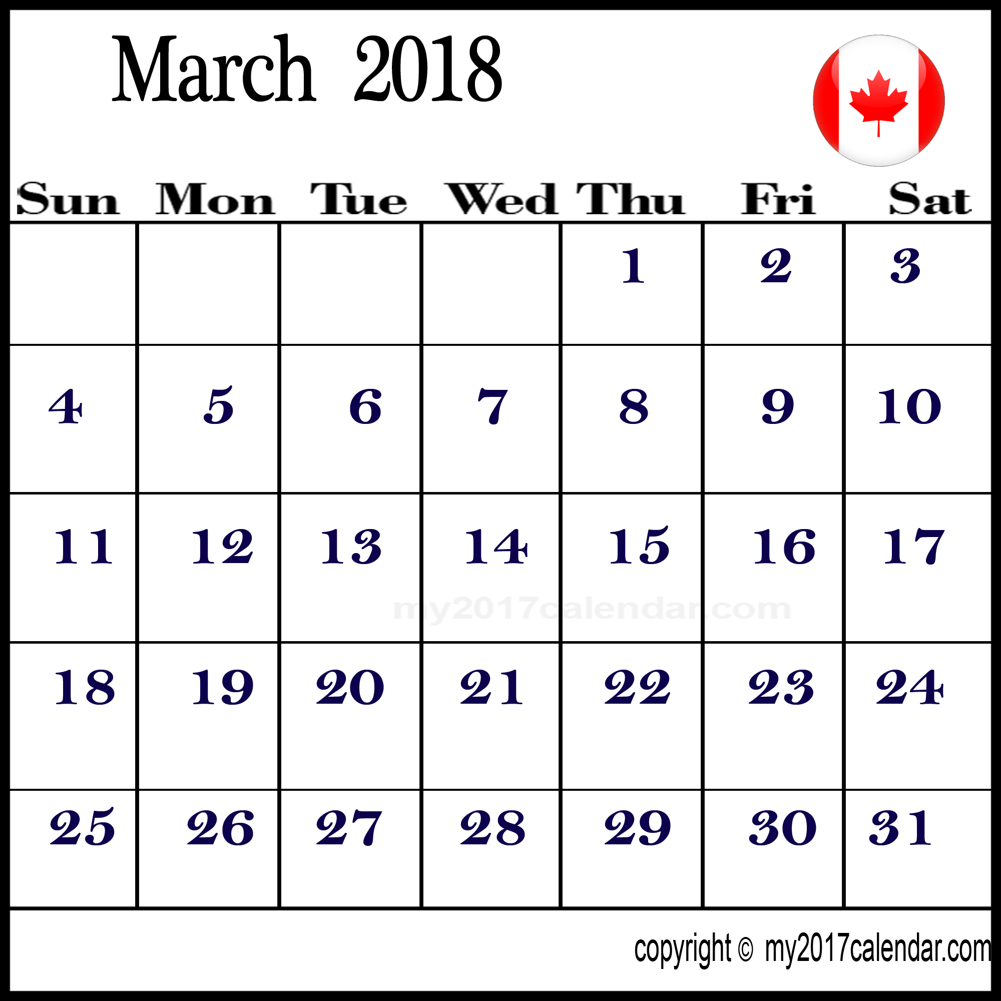 March 2018 Canada Calendar Download Printable Monthly