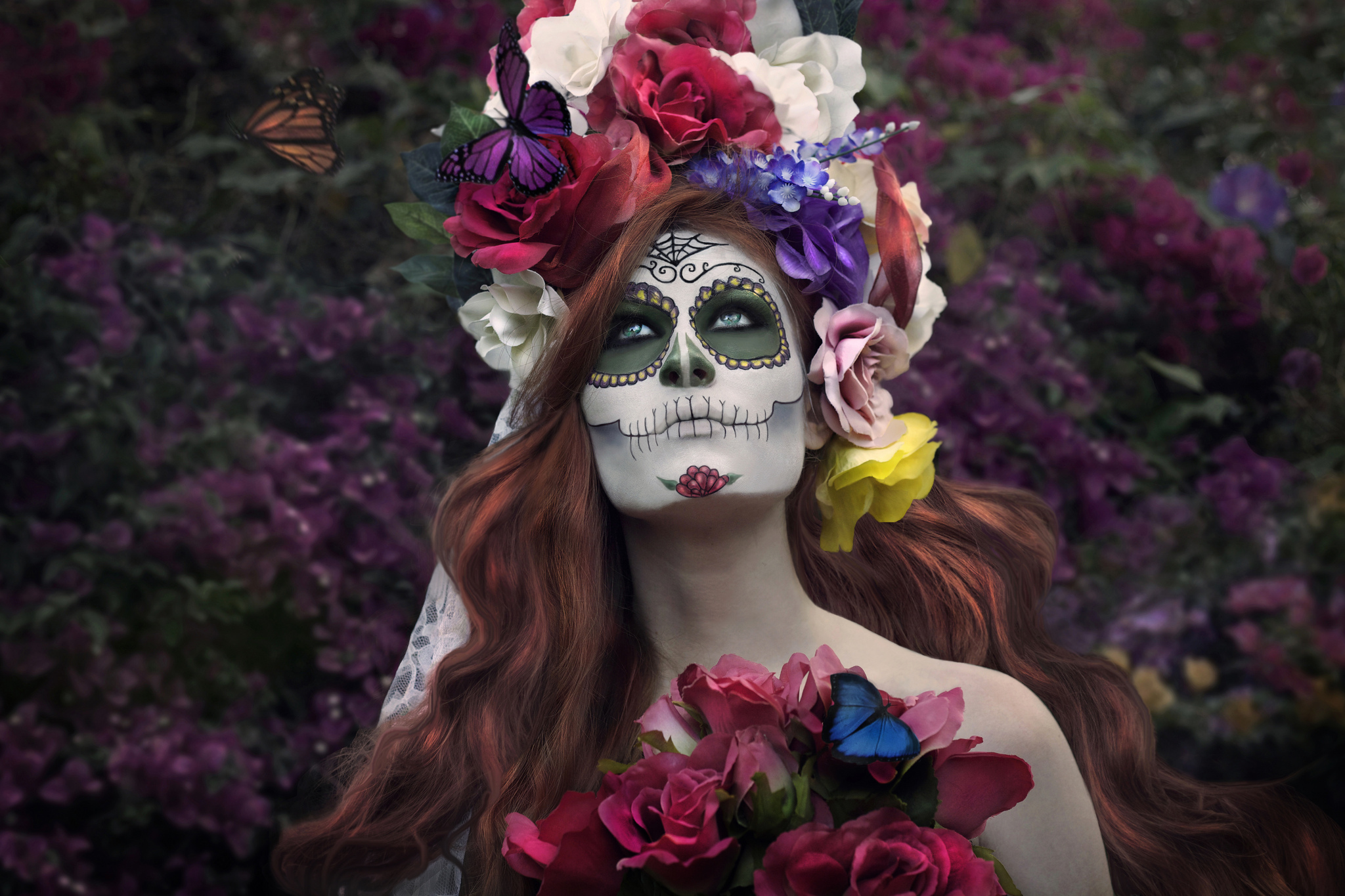 Day Of The Dead Girl Face Coloring Flowers Butterflies Wallpaper