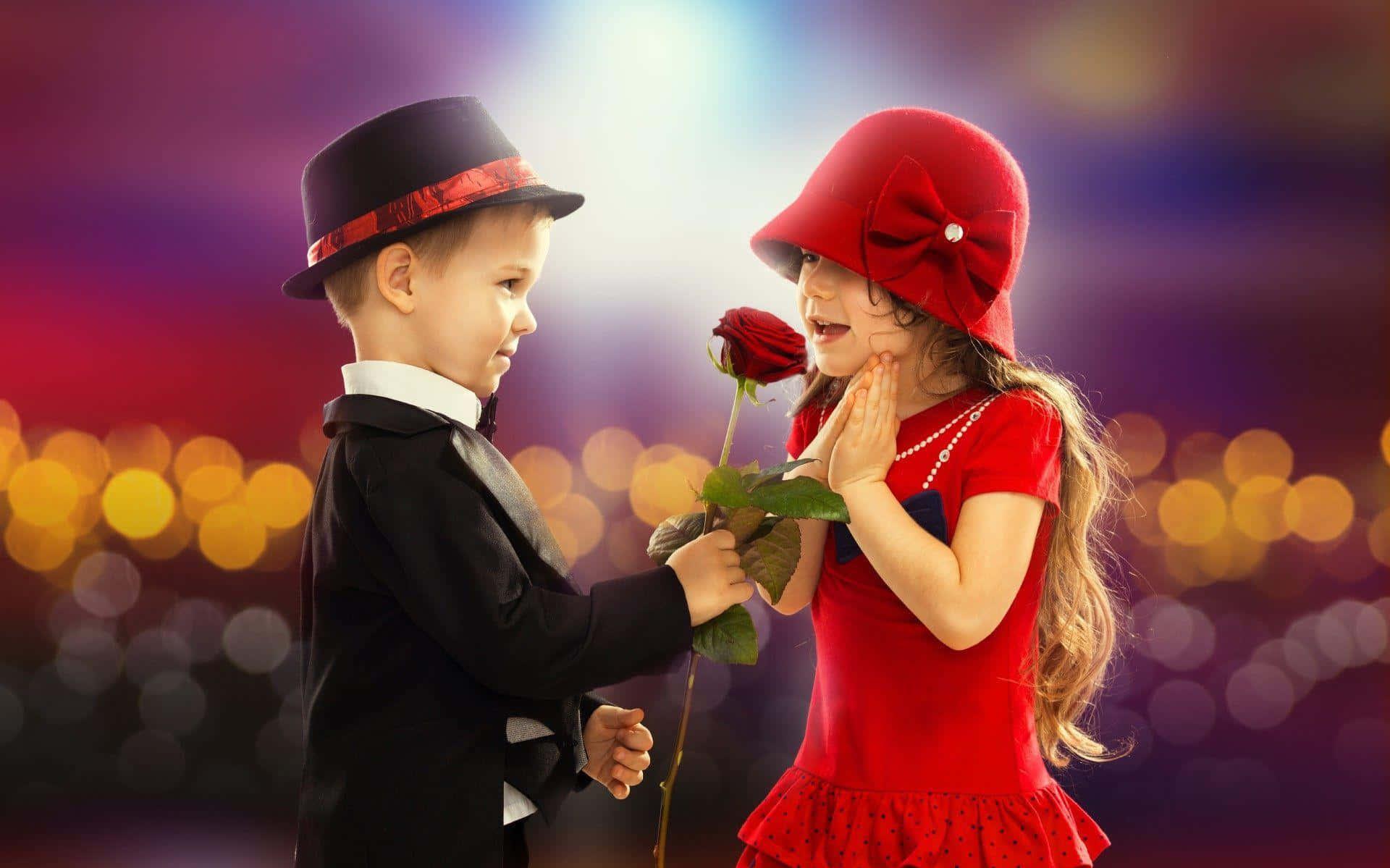 Cute Baby Couple Giving Red Rose Wallpaper