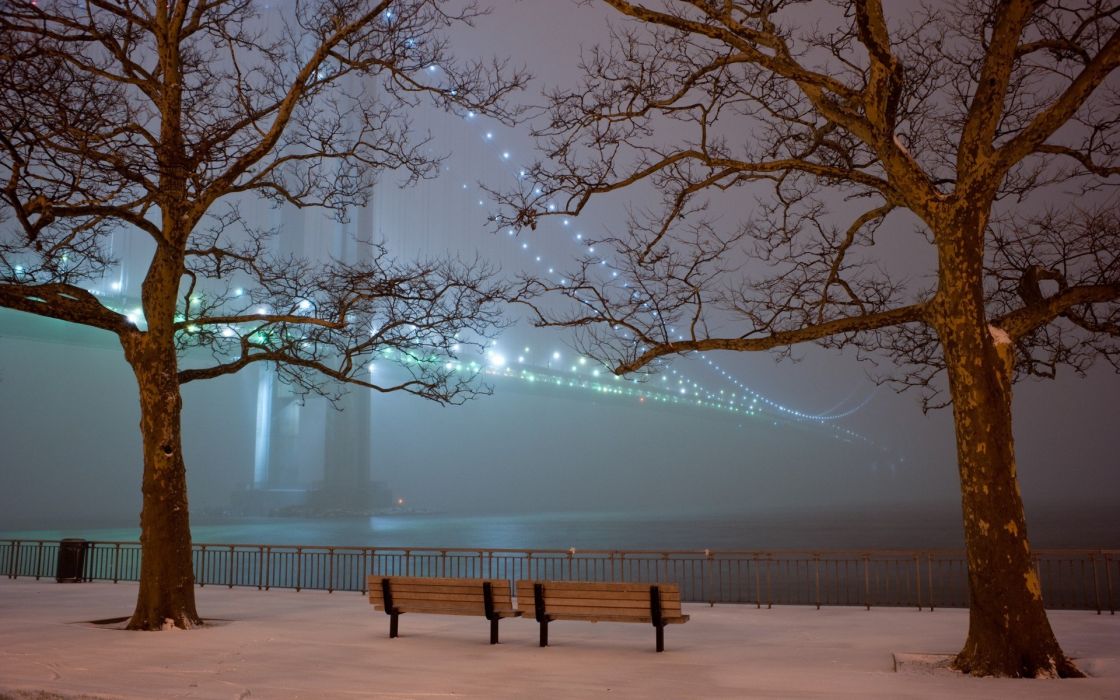 Romantic Winter Night Bridge Tree Nature City Wallpaper