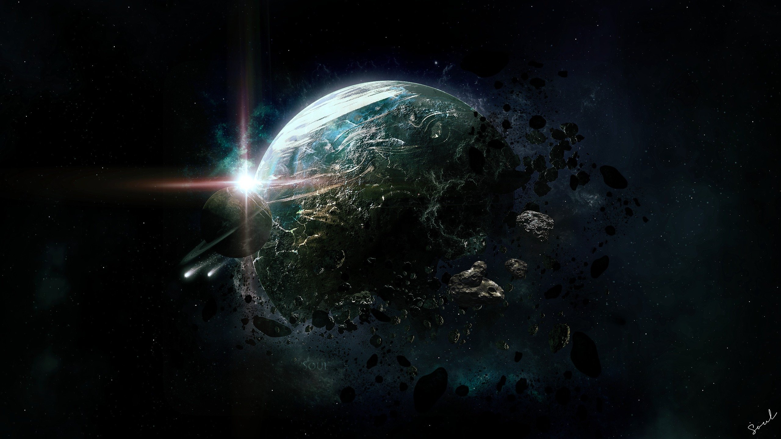 art space planet destruction asteroids debris rings stars apocalyptic