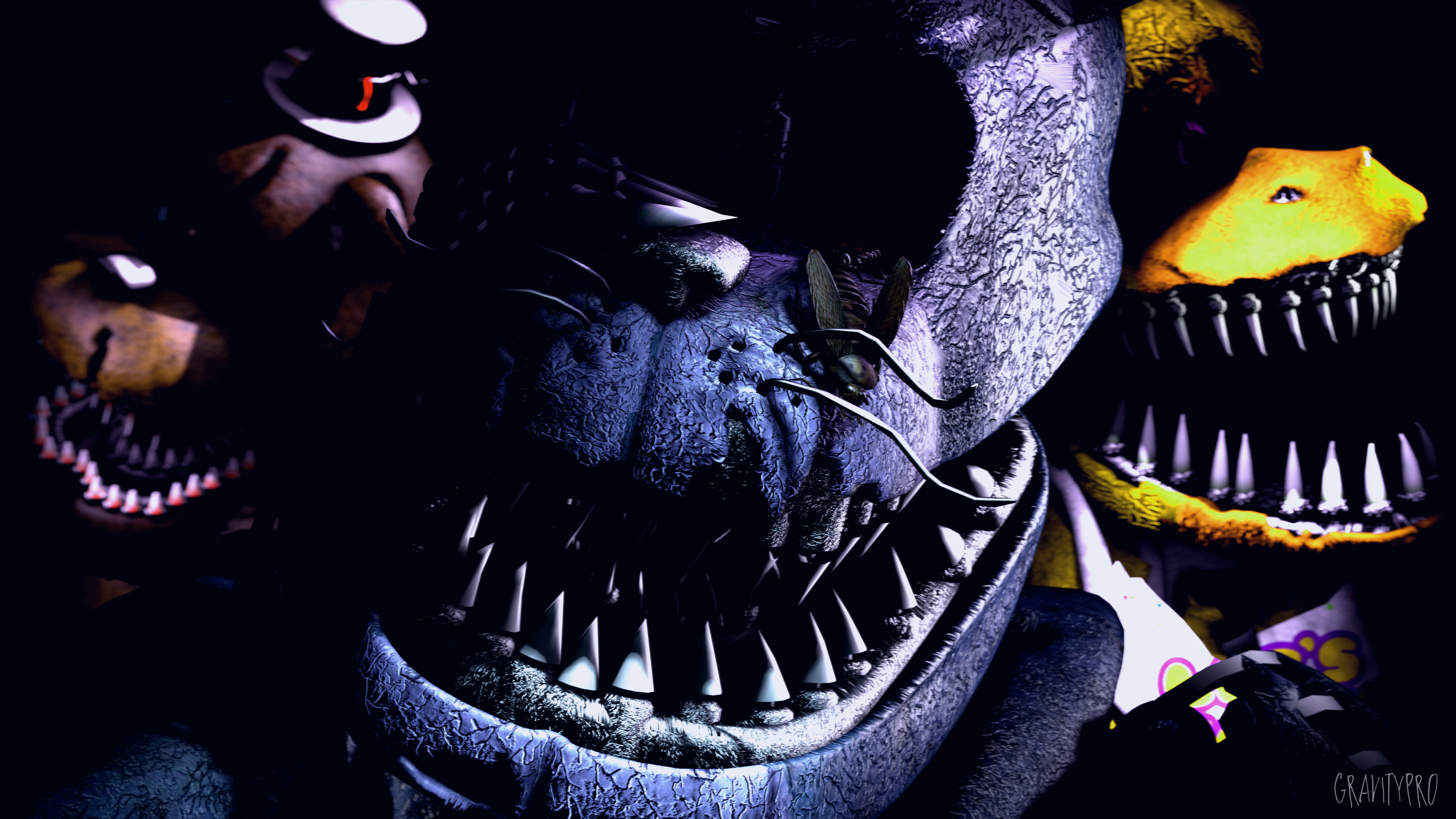 Close-up of Nightmare Bonnie, Nightmare Freddy, and Nightmare Chica from Five Nights at Freddy's 4, showcasing their menacing teeth and glowing eyes in a dark setting