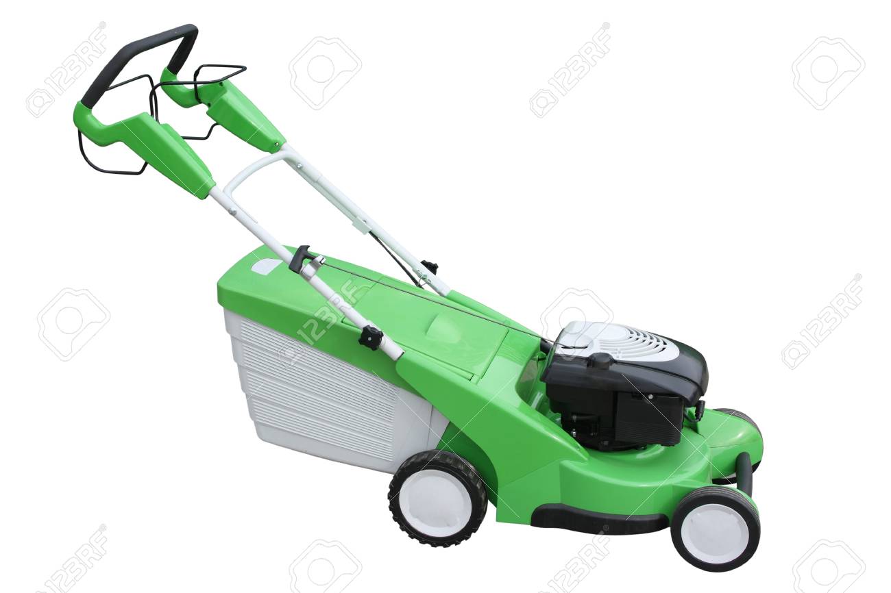Green Mowing Machine Separately On A White Background Stock Photo