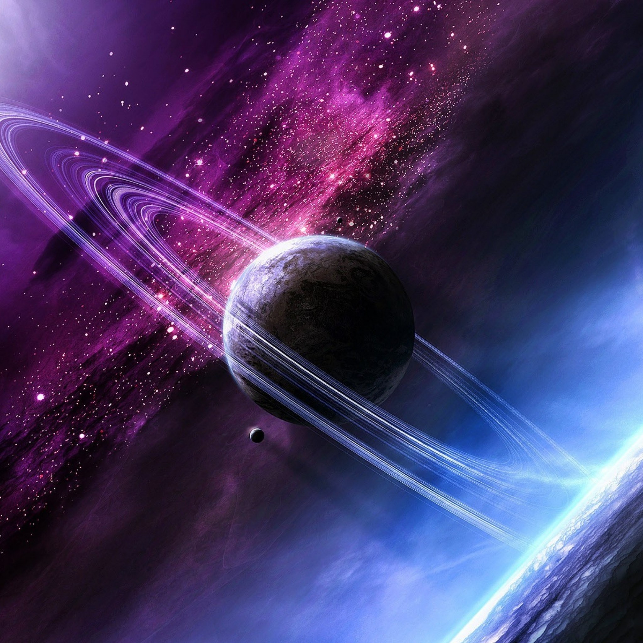 A stunning 4k wallpaper of a ringed planet in a vibrant purple and blue nebula, with a smaller planet in the foreground