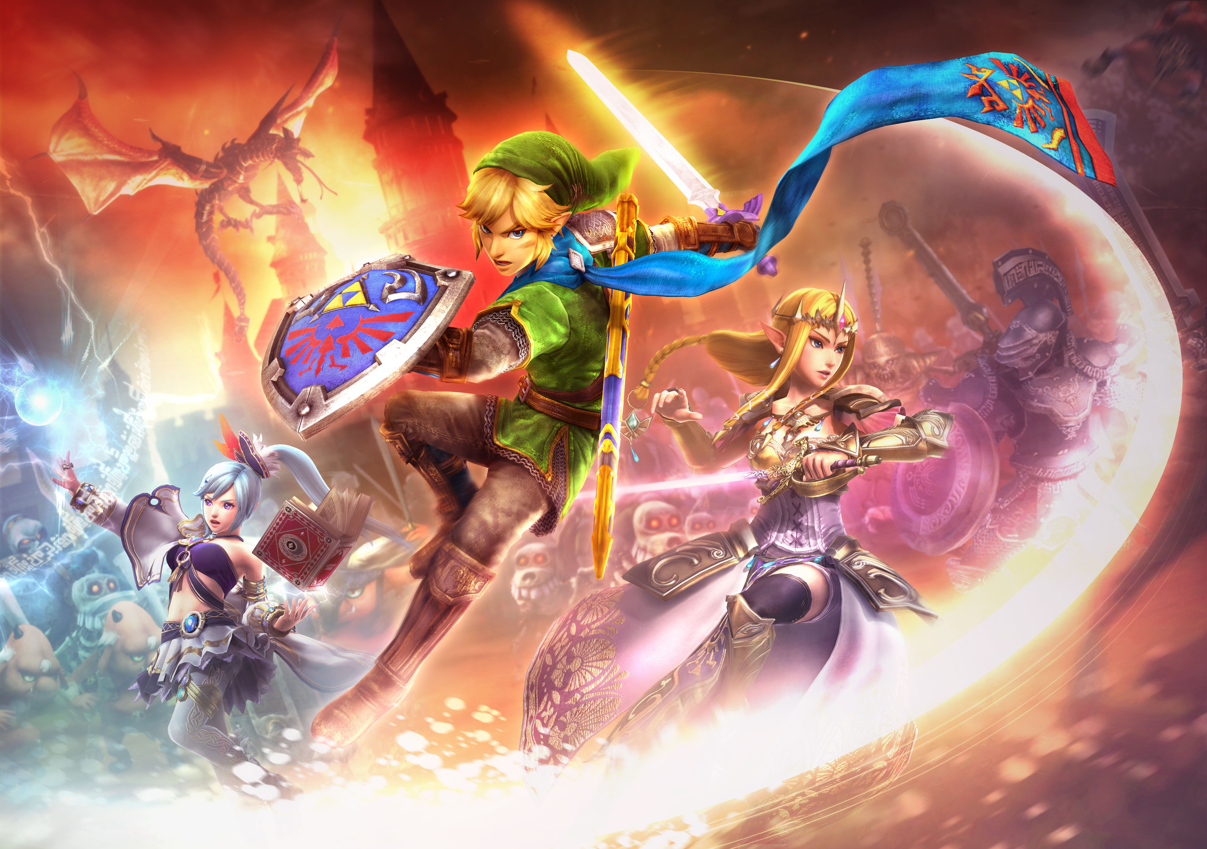 Promotional art for Hyrule Warriors, featuring Link, Zelda, and other characters in battle against a backdrop of a fiery landscape