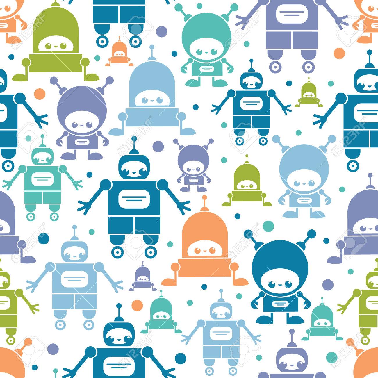 Cute Colorful Cartoon Robots Seamless Pattern Background Royalty