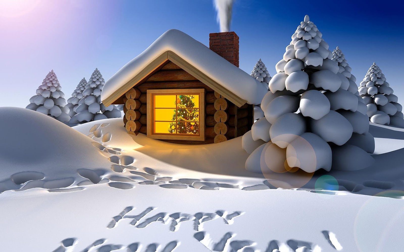 3d Winter Wallpaper Met Een Huisje En De Tekst Happy New Year In