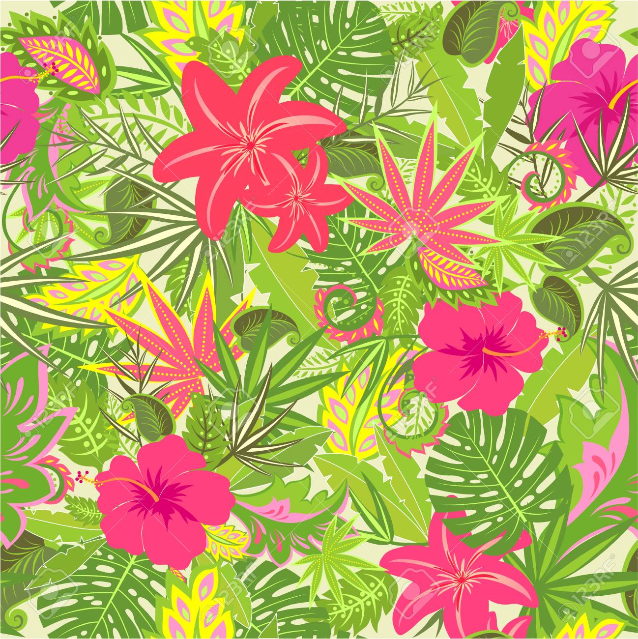 Summery Tropical Wallpaper With Colorful Leaves And Flowers
